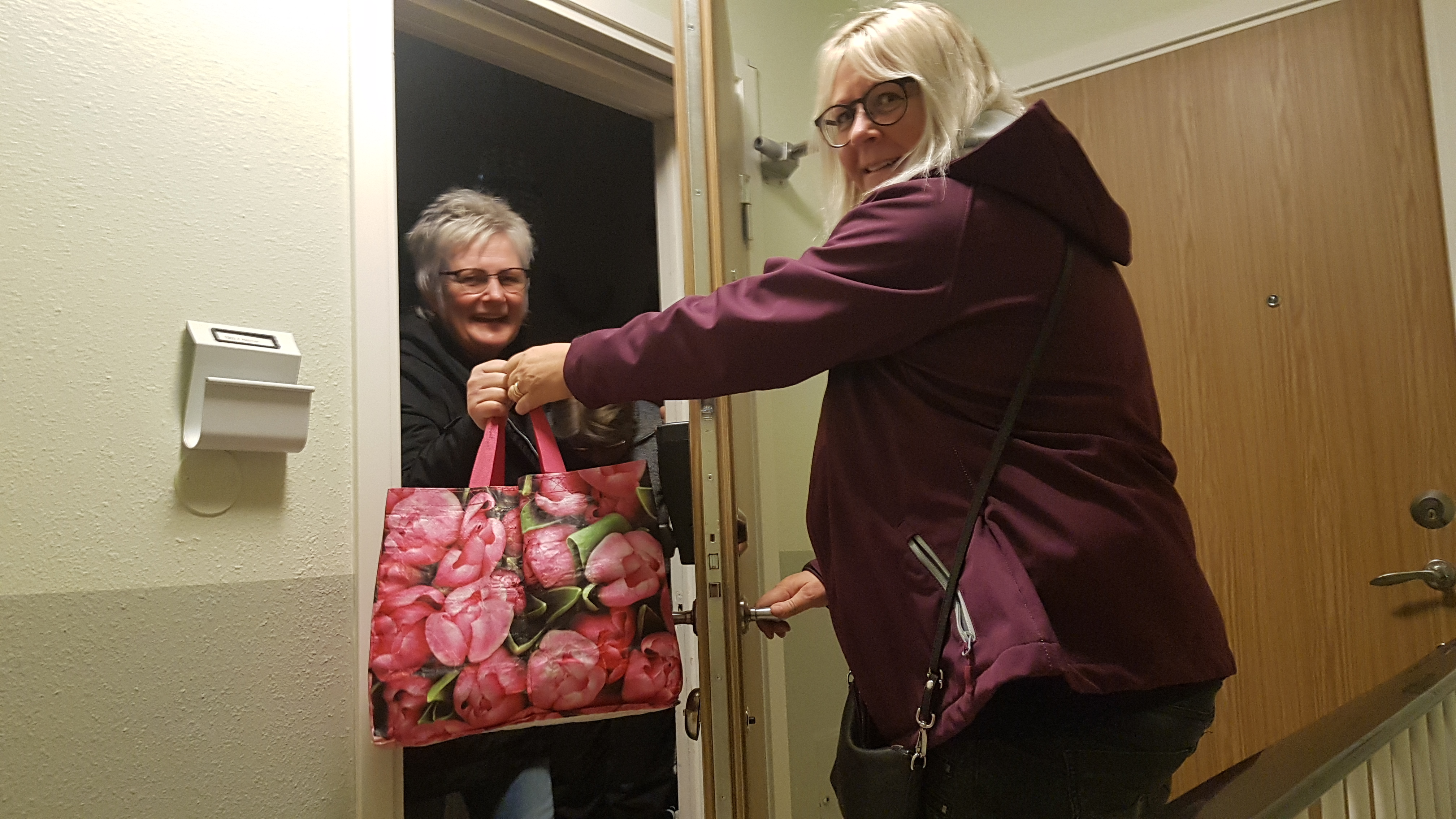 Anställda inom dagverksamheten lämnar en matkasse hos en pensionär.