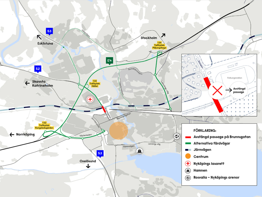 Karta över Brunnsgatan och järnvägen med beskrivning av alternativa vägar.