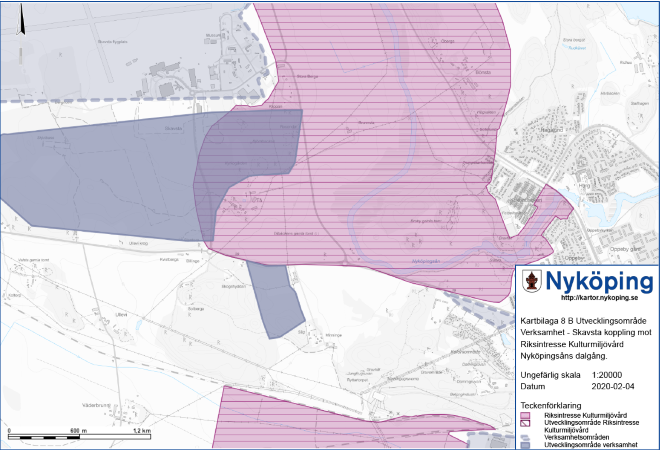 Kommunens förslag till verksamhetsområde där överlappning sker med riksintresset för kulturmiljövård – Nyköpingsåns dalgång.