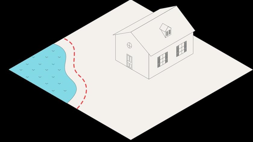 Illustration på ett hus med vatten nedanför huset Illustration på ett hus med vatten nedanför huset