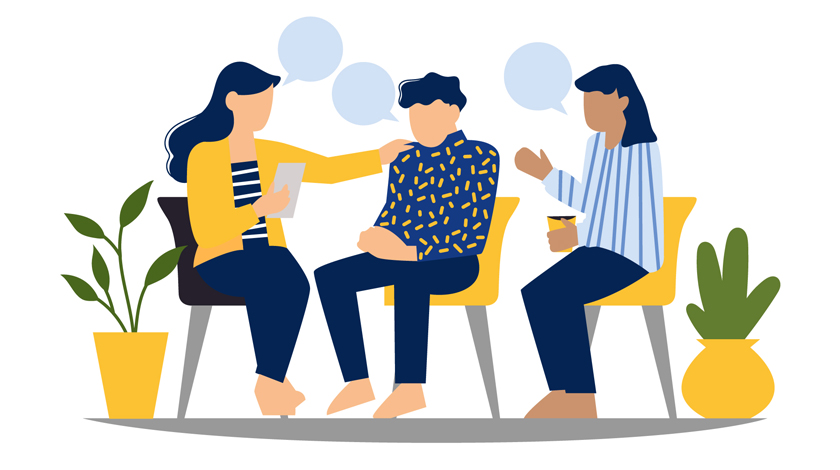 Illustration av tre personer som samtalar