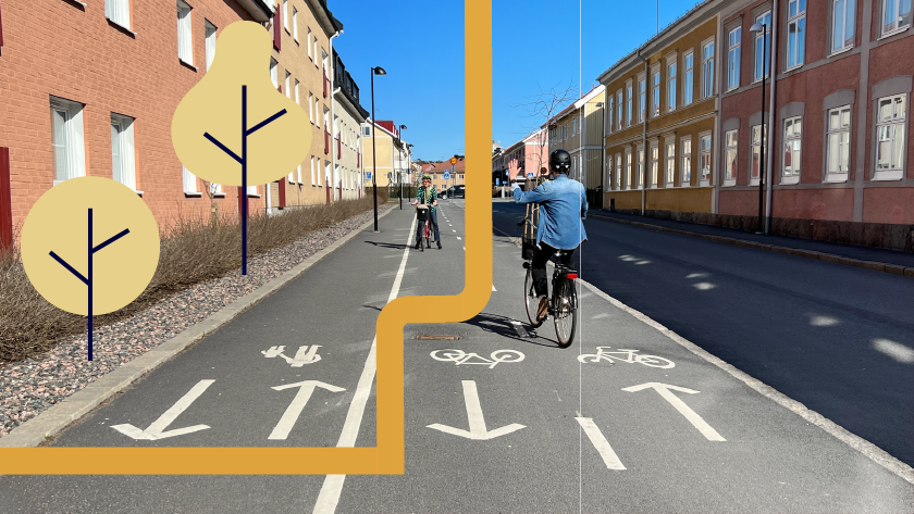 Vägbana som visar cykelbana i olika riktningar och väg för fotgängare. 2 personer med cykel på cykelvägar