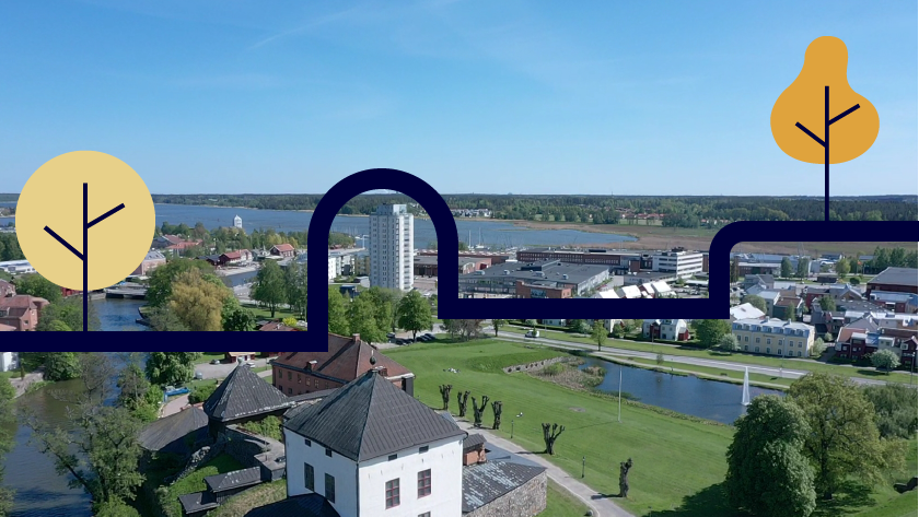 Översiktsbild Nyköping med illustrationer med träd