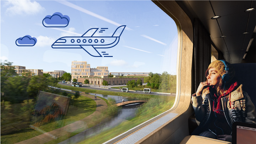 visionsbild på person som sitter i tågvagn, illustration på flygplan i fönsterrutan