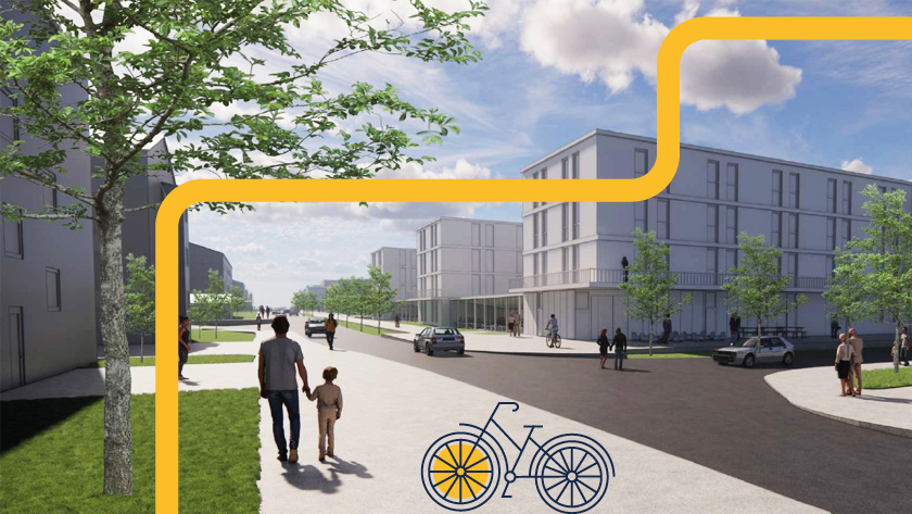 Visionsbild på byggnader och gångstråk illustration på cykel