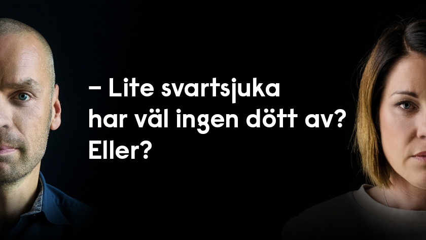 Två halvporträttbilder, till vänster en man, till höger en kvinna. Svart bakgrund med vit text där det står Lite svartsjuka har väl ingen dött av? Eller?
