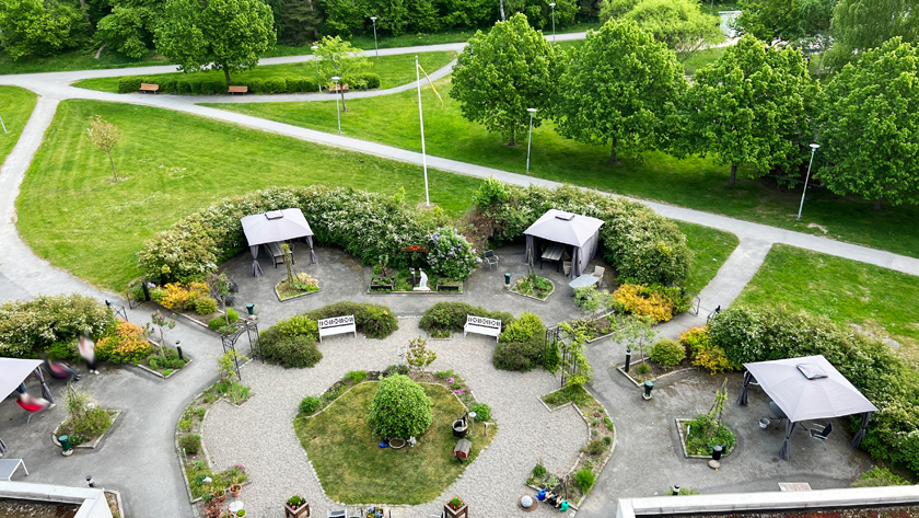 Uteplats med grönytor på Mariebergsgården ovanifrån, från balkongen