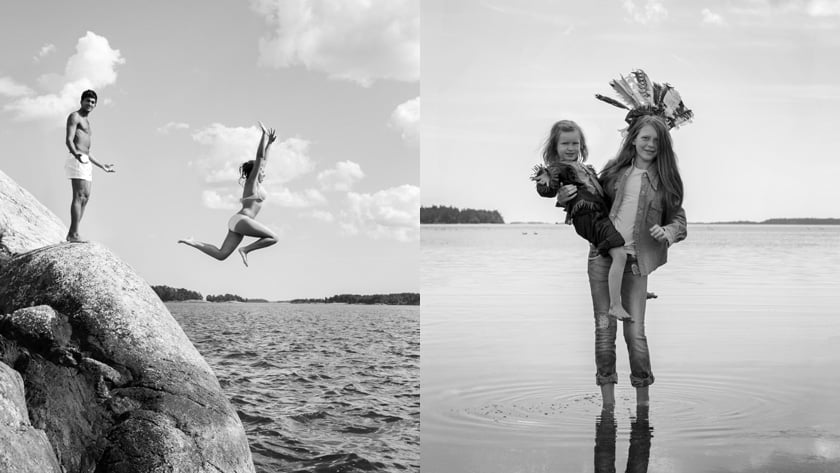 Svartvit bild vid havet i Nyköping. Alla modeller kommer från Nyköping.
